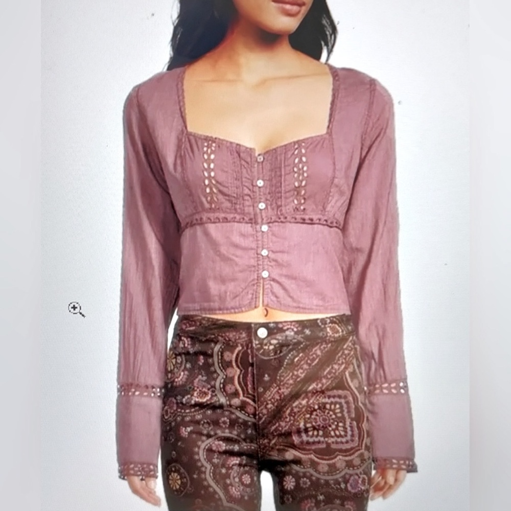 Free People Joi Eyelet Crop Blouse Size Large in Roan Rouge